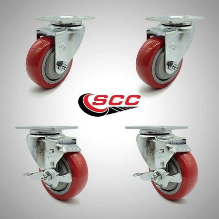 Service Caster 3.5 Inch SS Red Polyurethane Swivel Top Plate Caster Set with 2 Brakes SCC SCC-SS20S3514-PPUB-RED-2-TLB-2